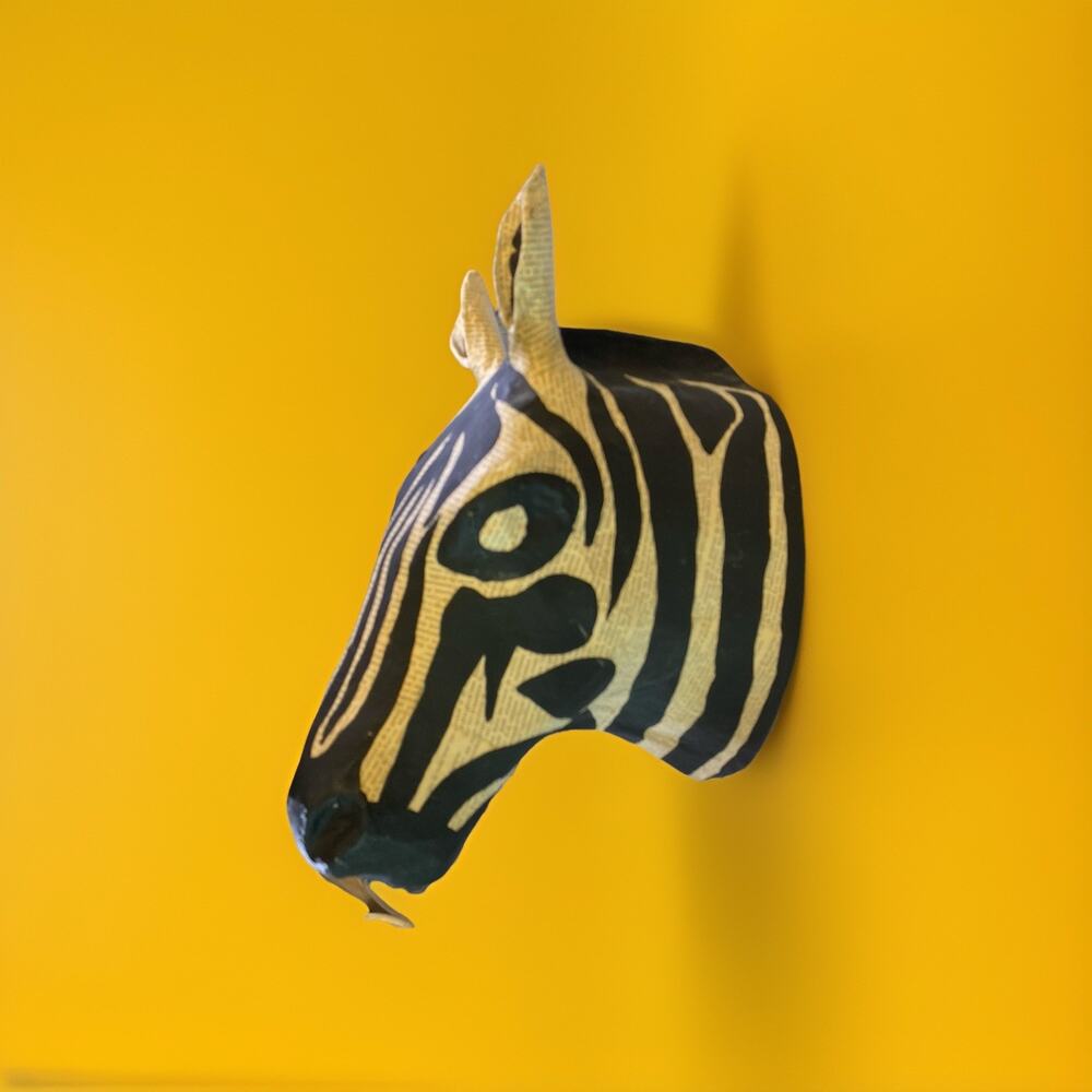 Zebra Head Wall Sculpture Art Paper Mache African Decor Folk Art 16"t 12"d 8"w